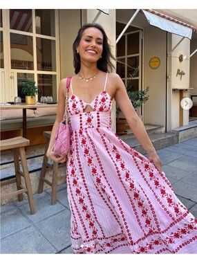 Zara Pink Midi Dress with Red Floral Embroidery